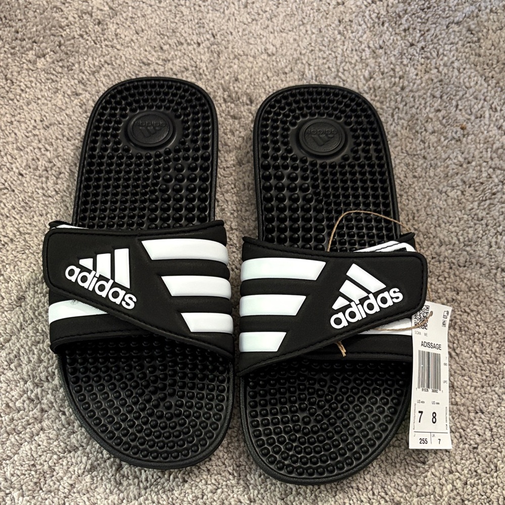 NWT Adidas Adissage Black and White Striped Slides Women 8 Men 7